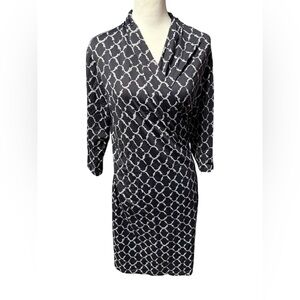 J. McLaughlin Catalina Cloth Faux Wrap Dress Black Gray Geometric Print Sz Large